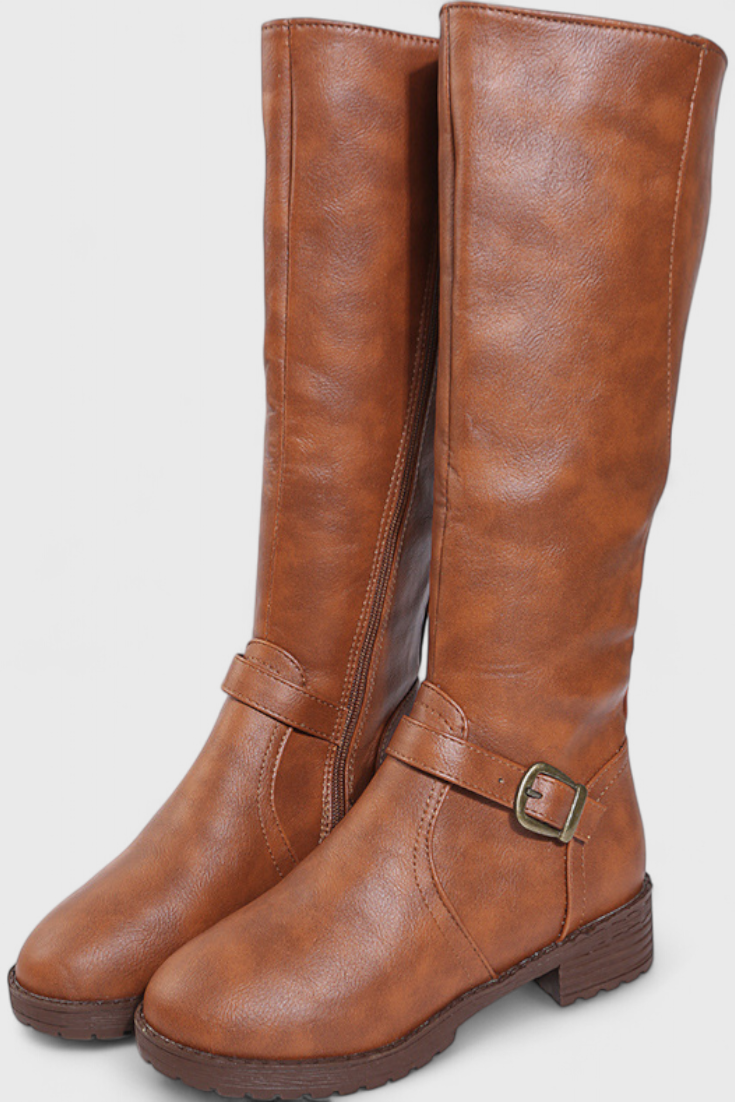 Buckled High Boots with Zipper Closure in Brown
