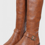 Buckled High Boots with Zipper Closure in Brown