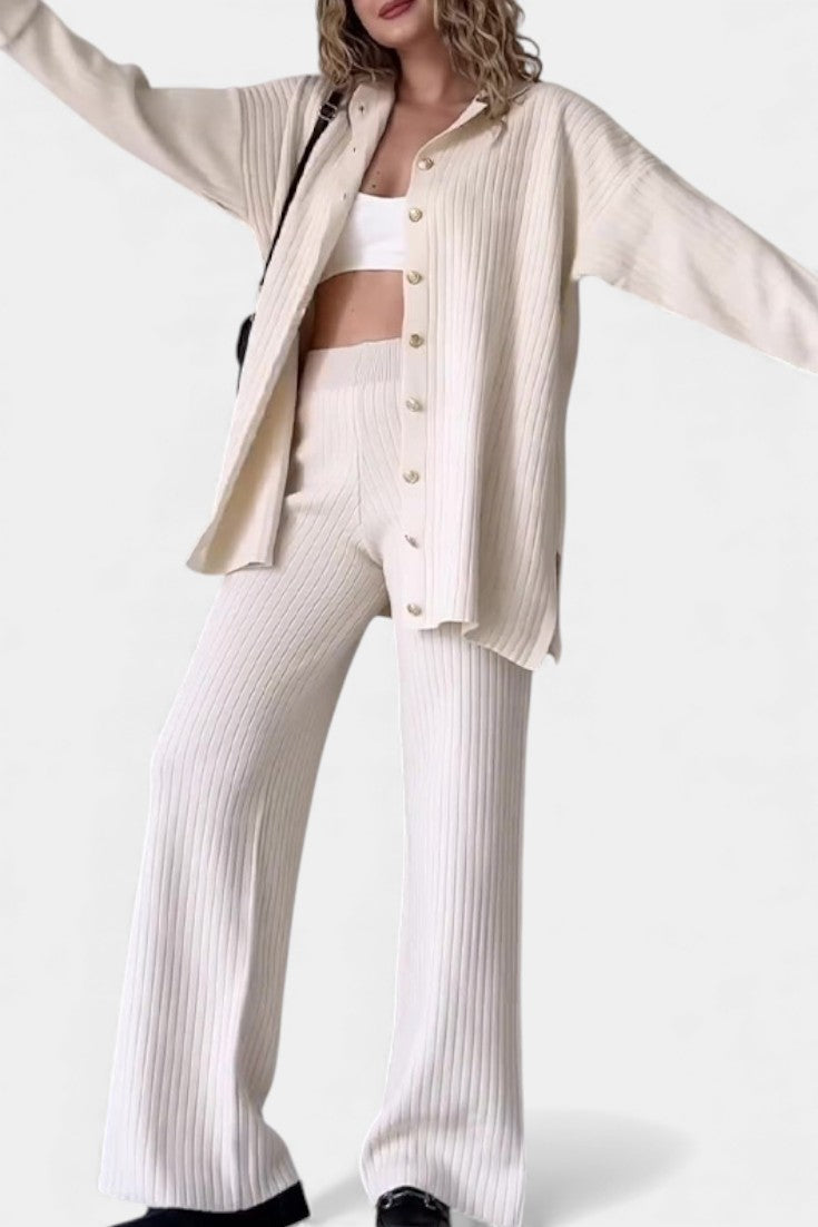Women's Striped Jacquard Knit Two-Piece Set in Beige