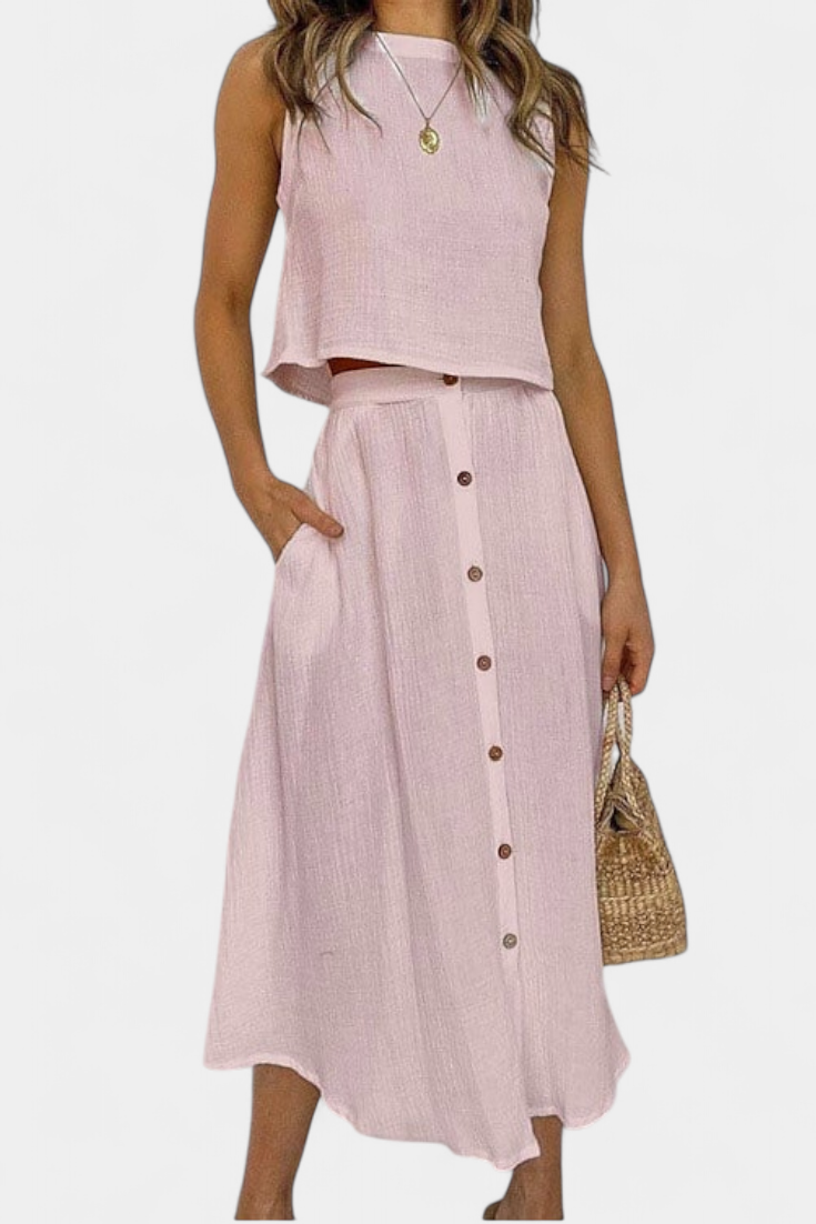 Cotton Button-Detail Midi Skirt Set in Pink