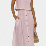 Cotton Button-Detail Midi Skirt Set in Pink