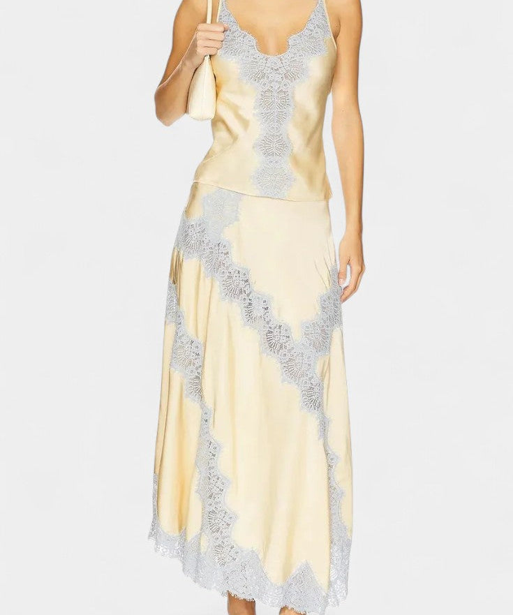Satin and Lace Contrast Set with Flowing Midi Skirt in Apricot