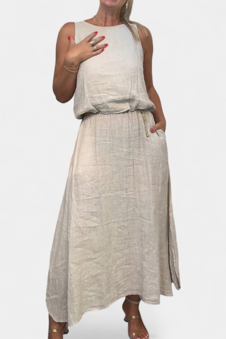 Linen-Cotton Set with Sleeveless Vest and Maxi Skirt in Apricot
