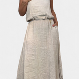 Linen-Cotton Set with Sleeveless Vest and Maxi Skirt in Apricot