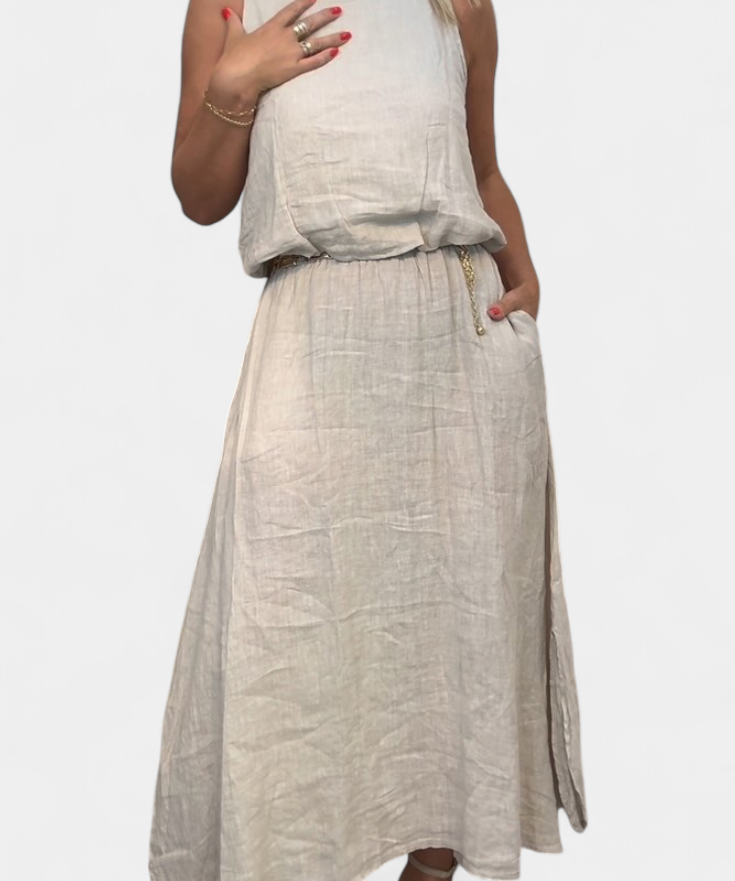 Linen-Cotton Set with Sleeveless Vest and Maxi Skirt in Apricot