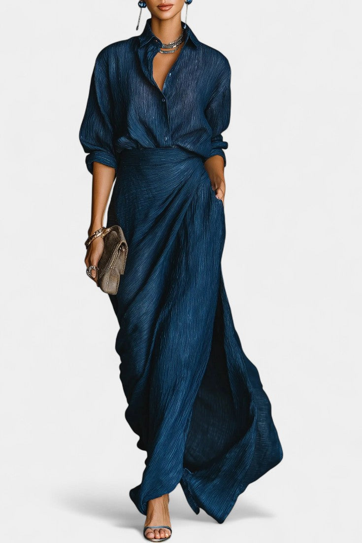 Dark Blue Shirt & Flowing Maxi Skirt Set