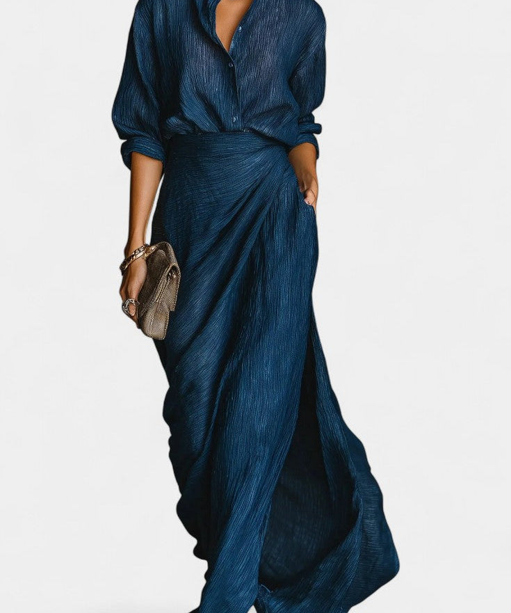 Dark Blue Shirt & Flowing Maxi Skirt Set