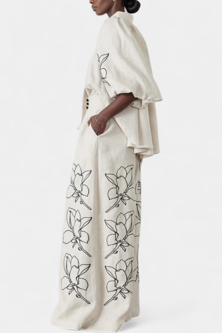 Puff Sleeve Blouse & Wide-Leg Floral Linen Pants Set, photo 3