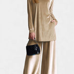 Velvet High-Top Sneakers and Split Pants with High Collar in Apricot