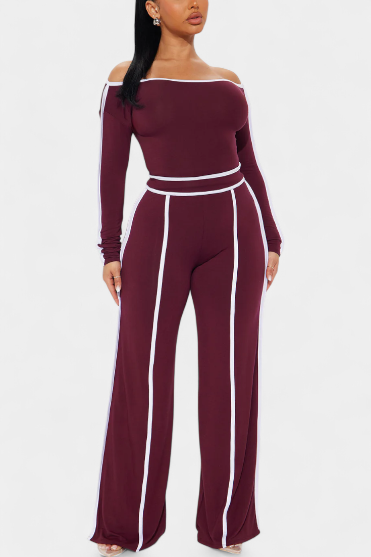 Off-Shoulder Set with Bold Striped Accents in Burgundy