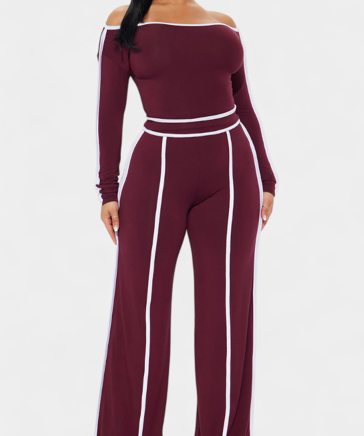 Off-Shoulder Set with Bold Striped Accents in Burgundy