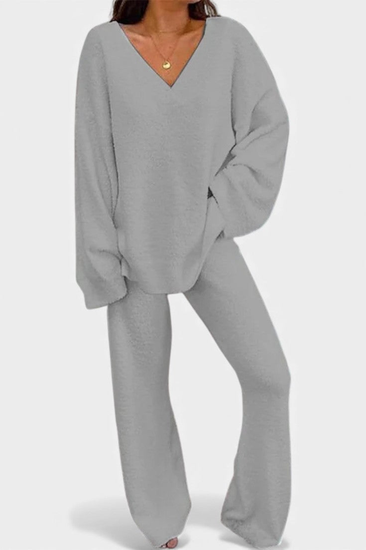 Women's Cozy V-Neck Two-Piece Daily Outfit in Gray