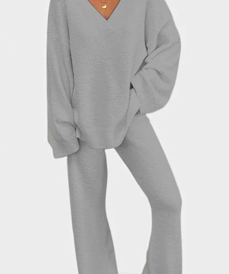 Women's Cozy V-Neck Two-Piece Daily Outfit in Gray