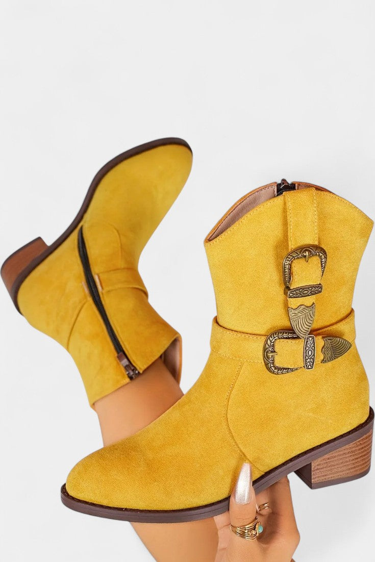 Western Suede Trail Boots with Buckles in Yellow