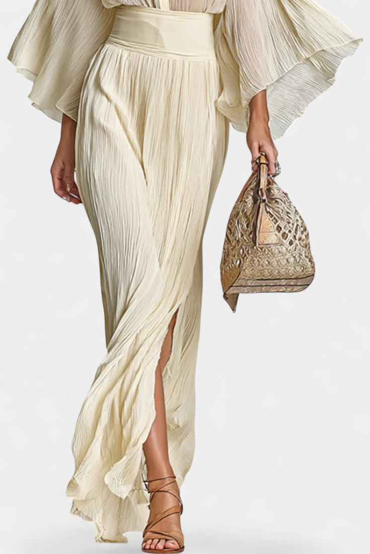High-Collar Pleated Top & Long Slit Skirt, photo 3