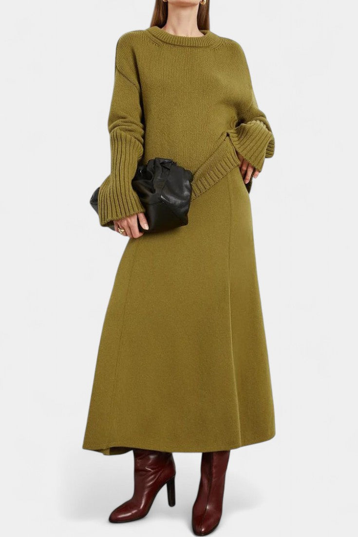 High Neck Sweater and Ribbed Maxi Skirt Set in Turmeric