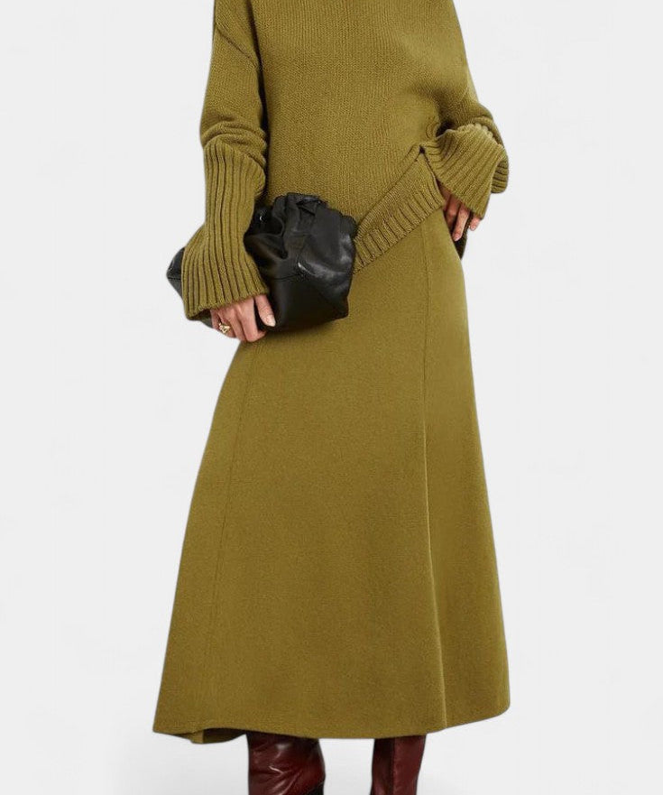 High Neck Sweater and Ribbed Maxi Skirt Set in Turmeric