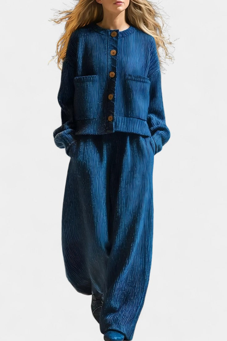 Knit Cardigan & Wide-Leg Pants Ensemble in Blue