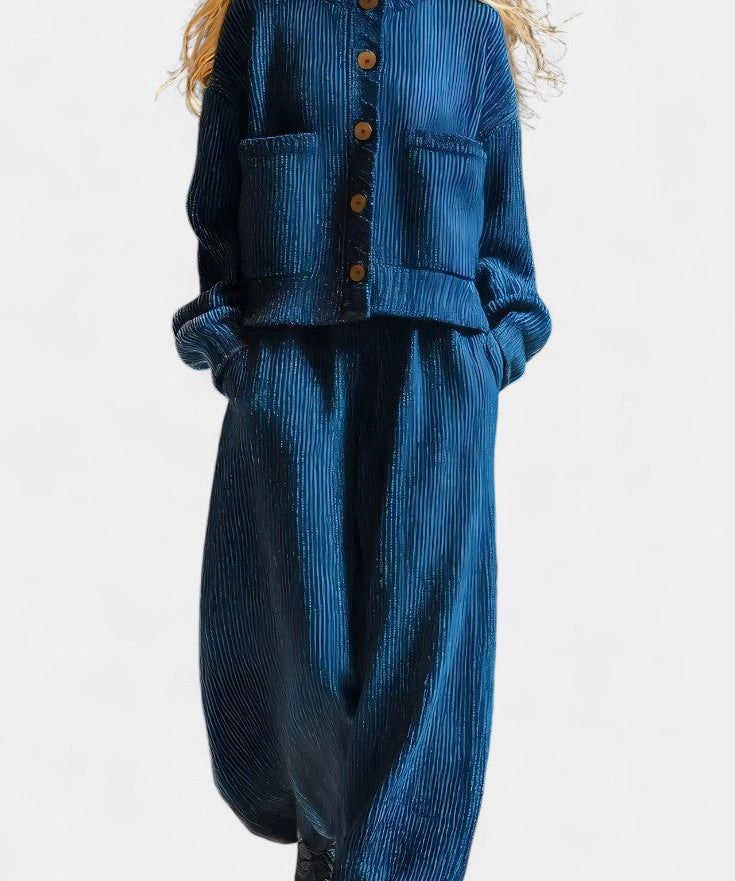 Knit Cardigan & Wide-Leg Pants Ensemble in Blue