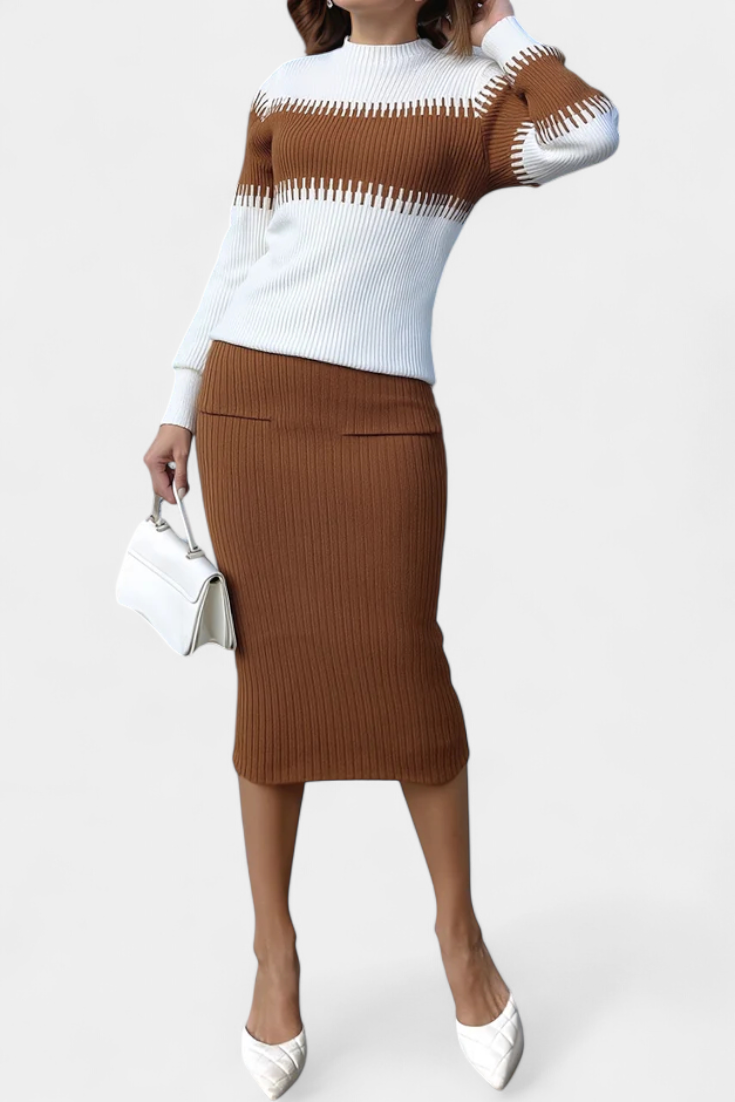 Two-Tone Long Sleeve Midi Knit Dress Ensemble in Brown