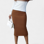 Two-Tone Long Sleeve Midi Knit Dress Ensemble in Brown