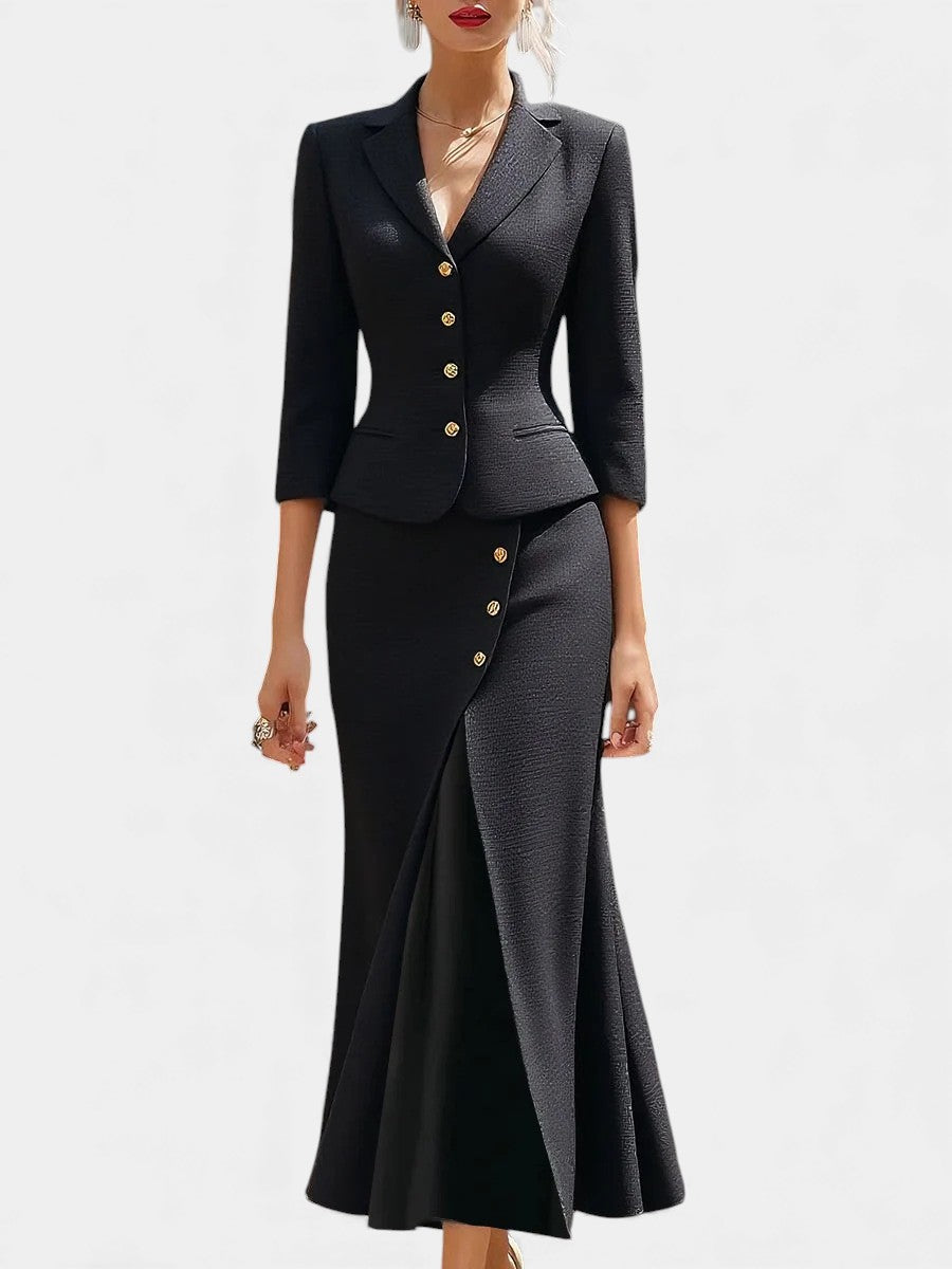 Chic Ecru Tailored Suit with Flowing Long Wrap Skirt in Black