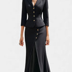 Chic Ecru Tailored Suit with Flowing Long Wrap Skirt in Black