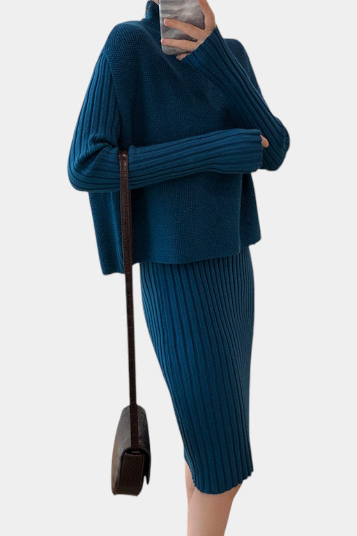 Modern Silhouette Two-Piece Knit Ensemble in Blue