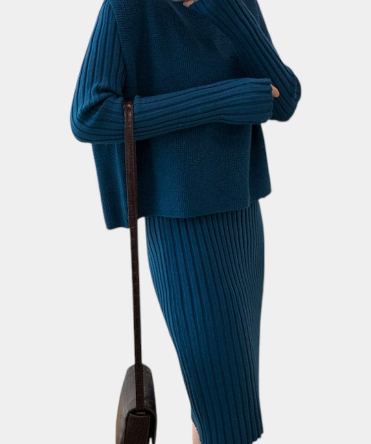 Modern Silhouette Two-Piece Knit Ensemble in Blue