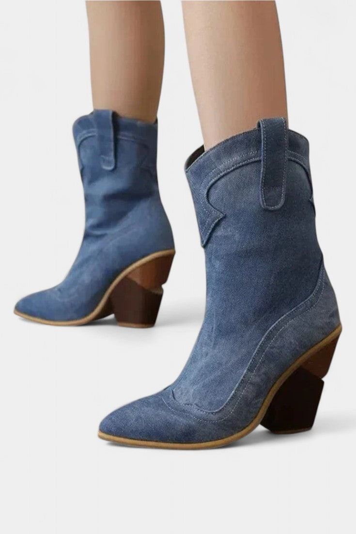 Women's Western Pointed-Toe Ankle Boots in Denim Blue