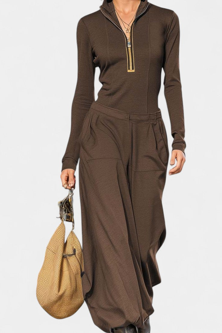 Dark Gray Set Featuring High Collar and Wide-Leg Pants in Brown