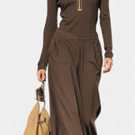 Dark Gray Set Featuring High Collar and Wide-Leg Pants in Brown