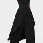 Asymmetrical Sleeveless Outfit with Pleated Pants in Black