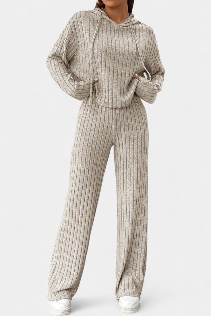 Women's Striped Knit Hoodie and Pants Set in Beige