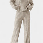 Women's Striped Knit Hoodie and Pants Set in Beige
