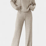 Women's Striped Knit Hoodie and Pants Set in Beige