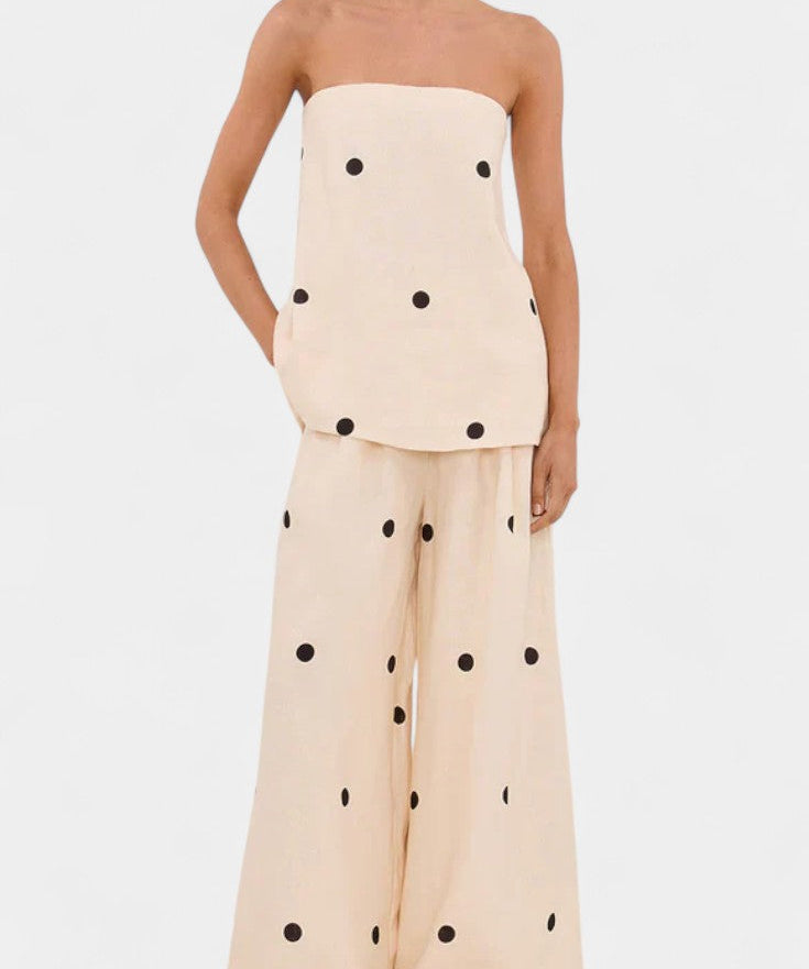 Strapless High-Waisted Wide-Leg Two-Piece Set in Beige
