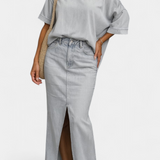 Asymmetrical Denim Set with Long Skirt in White
