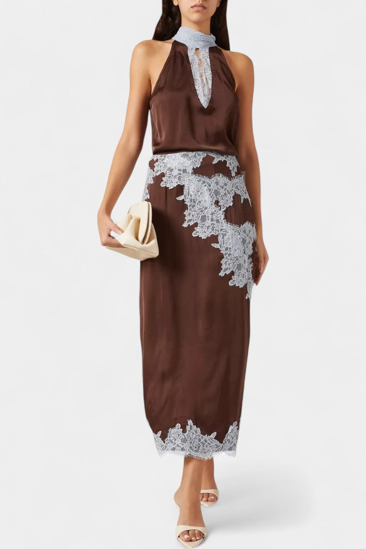 Lace-Accent Coordinated Set in Brown