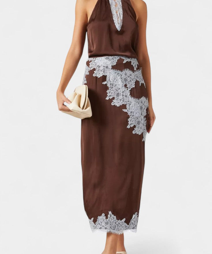 Lace-Accent Coordinated Set in Brown