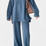 Relaxed Ensemble with Round Neckline and Flowing Pants in Blue