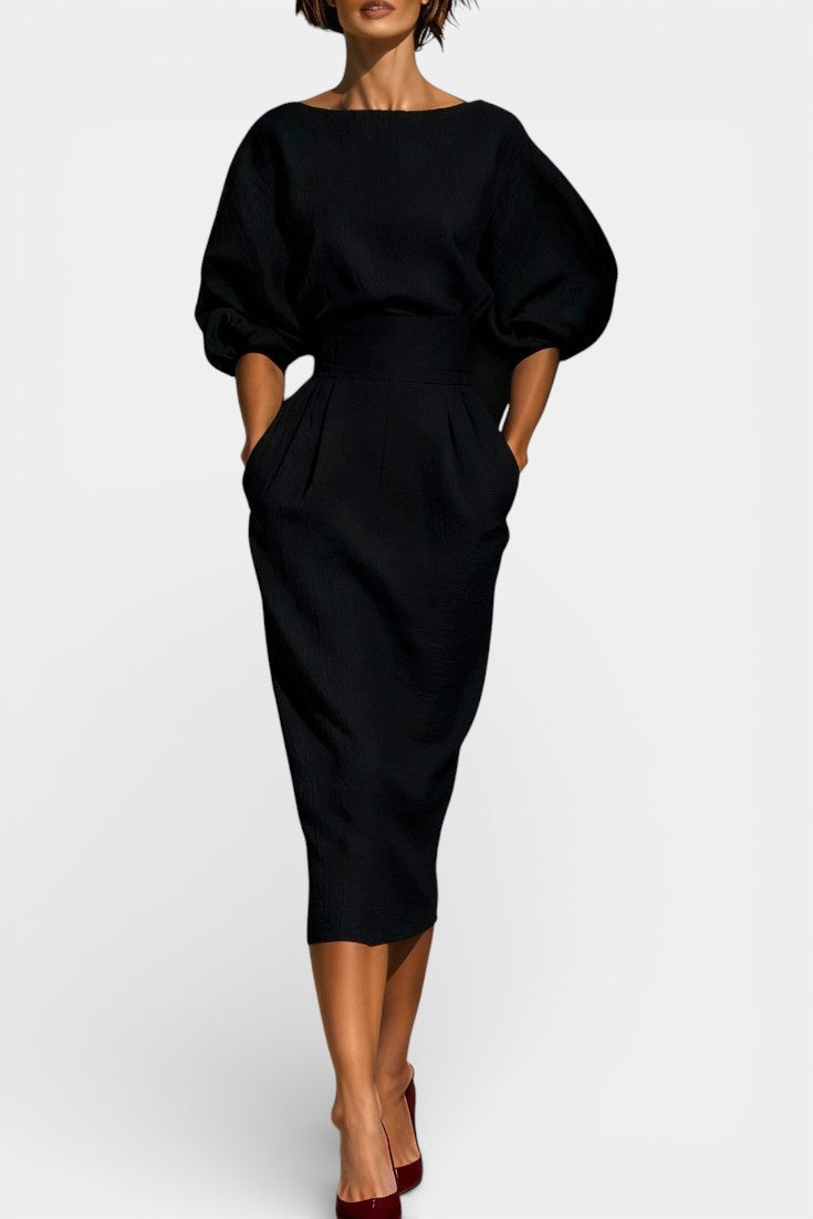 Structured Top and Midi Skirt Two-Piece Set in Black