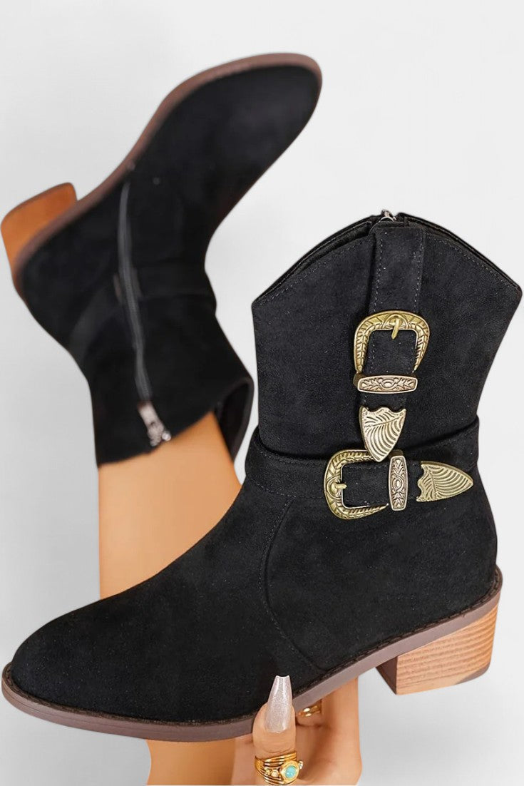 Western Suede Trail Boots with Buckles in Black