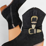 Western Suede Trail Boots with Buckles in Black