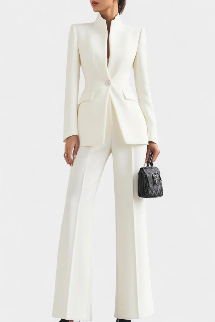 High-Collar Two-Piece Wide-Leg Set in White