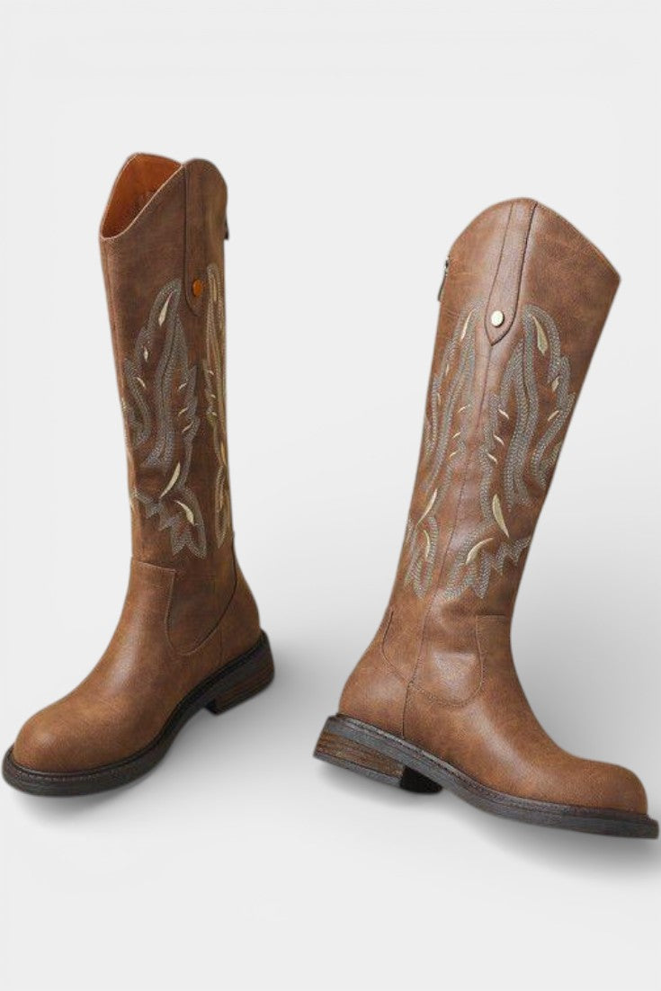 Long Embroidered Boots Featuring Back Zipper in Light Brown