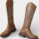 Long Embroidered Boots Featuring Back Zipper in Light Brown