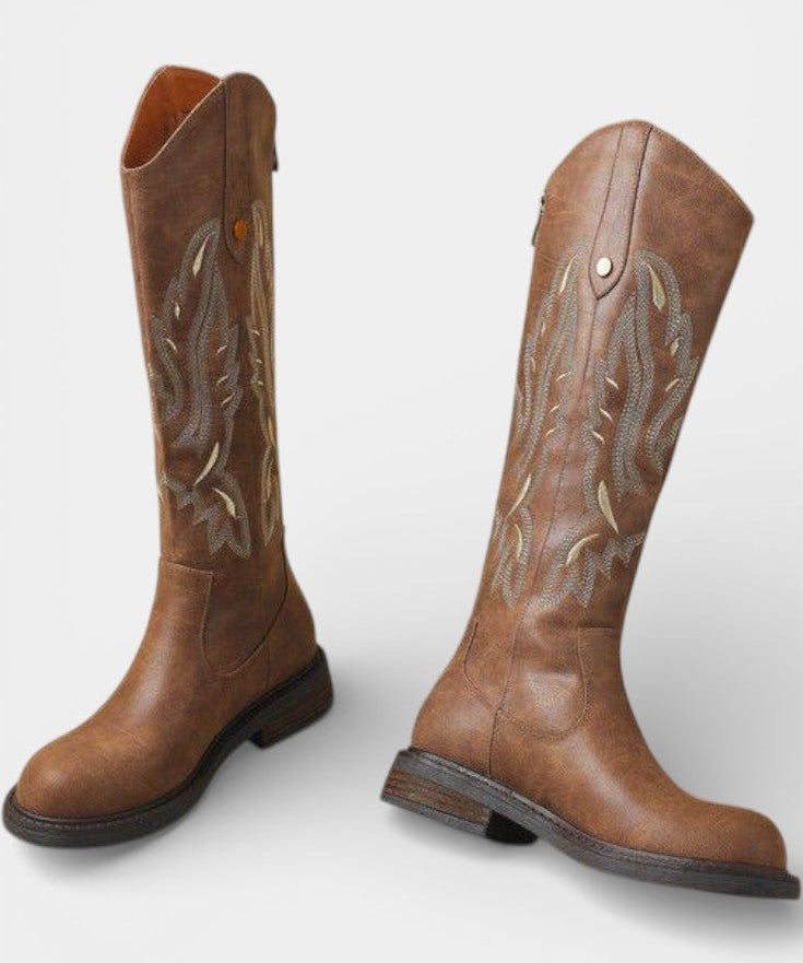 Long Embroidered Boots Featuring Back Zipper in Light Brown