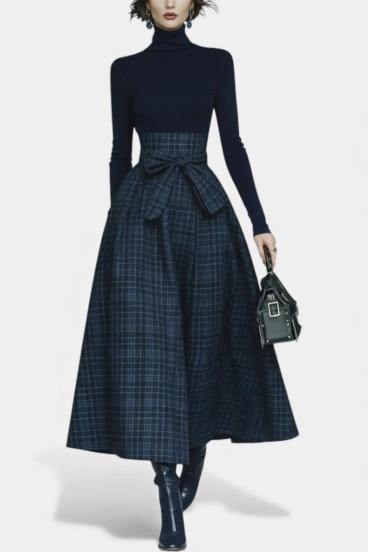 Night Blue High Neck Set with Checkered Skirt in Navy Blue
