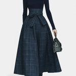 Night Blue High Neck Set with Checkered Skirt in Navy Blue